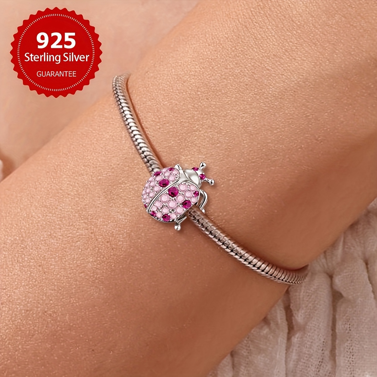 925 Silver Ladybug Bracelet Pink CZ Chain